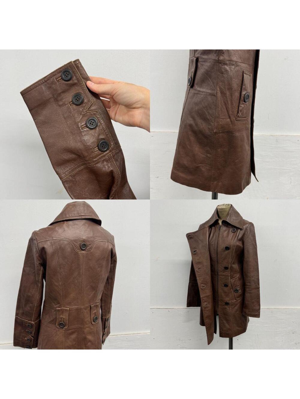 Vintage Y2K ONLY Brown Convertible Double-Breasted Leather Trench Coat - Picture 7 of 8